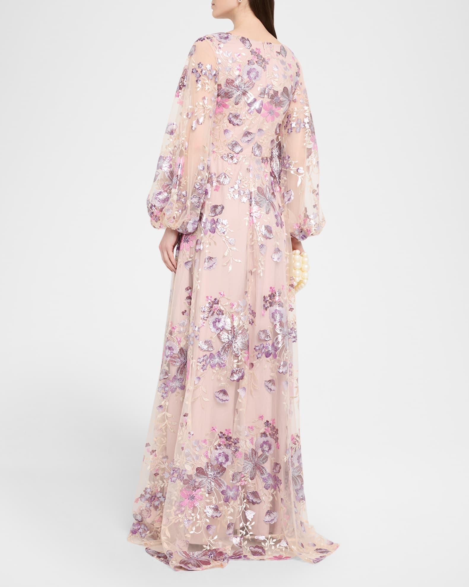 Balloon-Sleeve Metallic Embroidered Gown Product Image