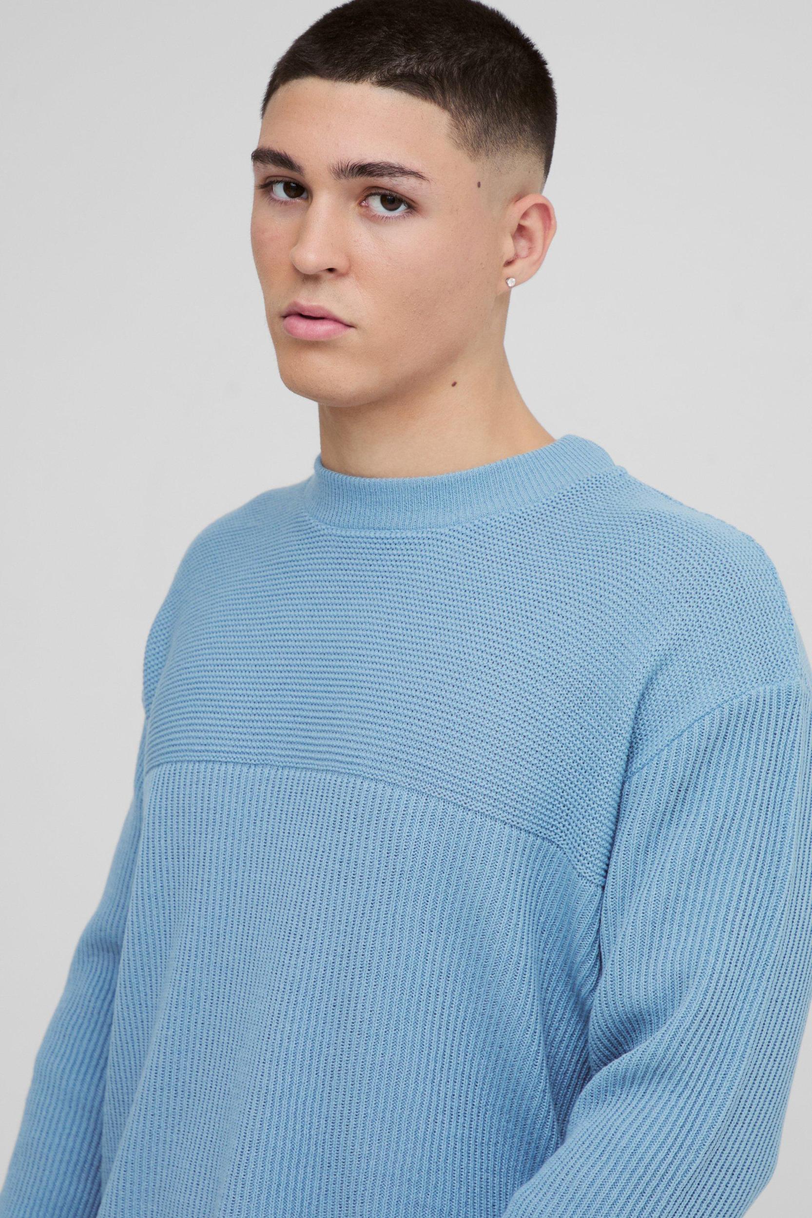 Relaxed Fit Extended Neck Ribbed Knit Panel Sweater | boohooMAN USA Product Image