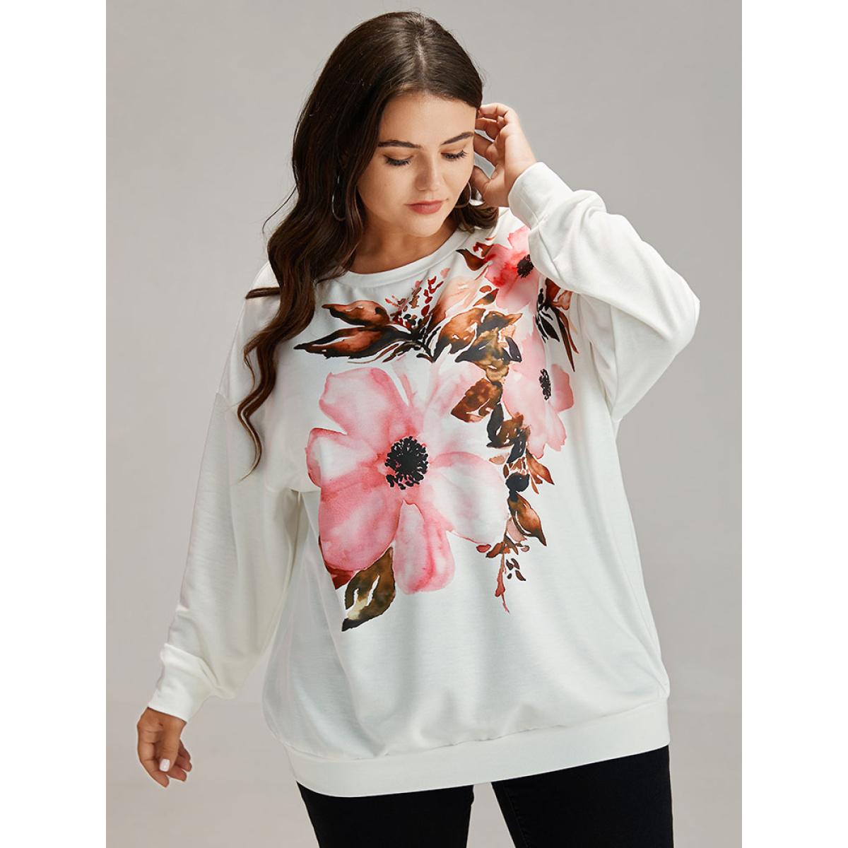 Plus Size Floral Round Neck Elastic Cuffs Sweatshirt Women White Casual Elastic cuffs Round Neck Dailywear Sweatshirts BloomChic 18-20/2X Product Image