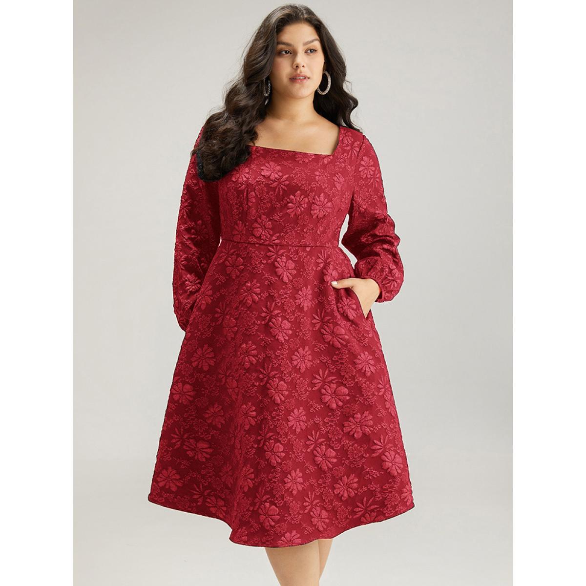 Plus Size Floral Print Plisse Pocket Lantern Sleeve Dress Raspberry Women Cocktail Elastic cuffs Square Neck Long Sleeve Curvy Midi Dress BloomChic 18-20/2X Product Image
