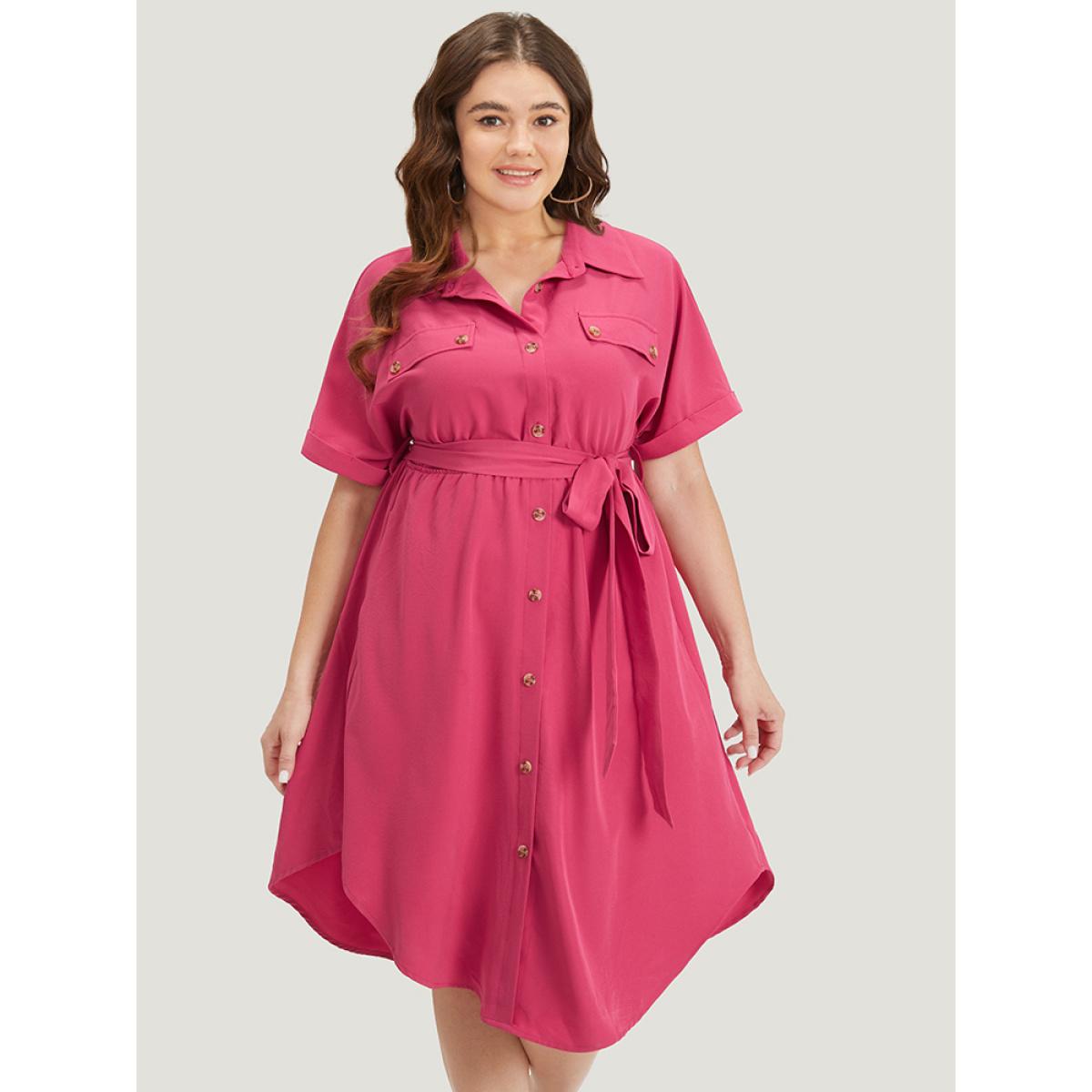 Plus Size Plain Belted Shirt Collar Arc Hem Roll Batwing Sleeve Dress Red Women Office Belted Shirt collar Short sleeve Curvy Knee Dress BloomChic 22-24/3X Product Image