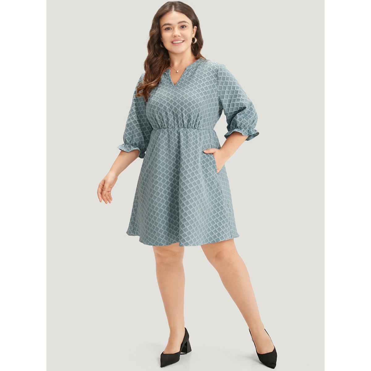 Plus Size Geo Plisse Pocket Lantern Sleeve Notched Dress Stone Women Office Elastic cuffs Notched collar Half Sleeve Curvy Knee Dress BloomChic 18-20/2X Product Image