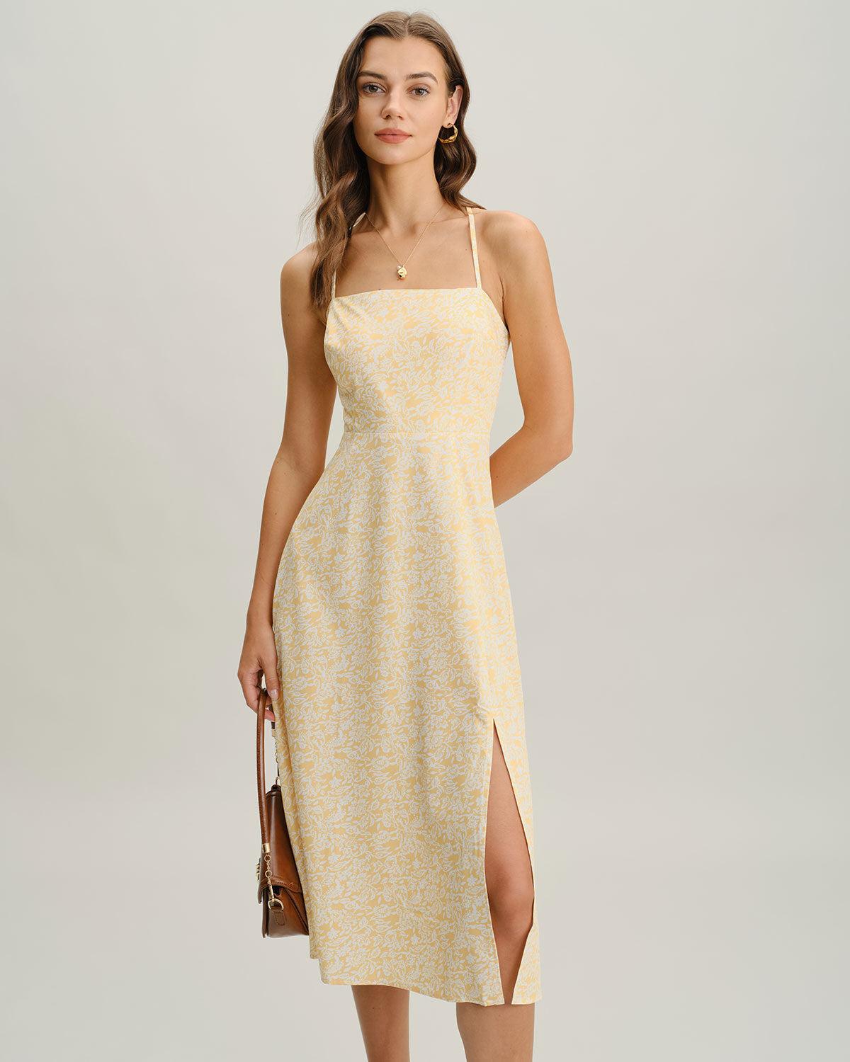 Yellow Floral Backless Slip Midi Dress Product Image