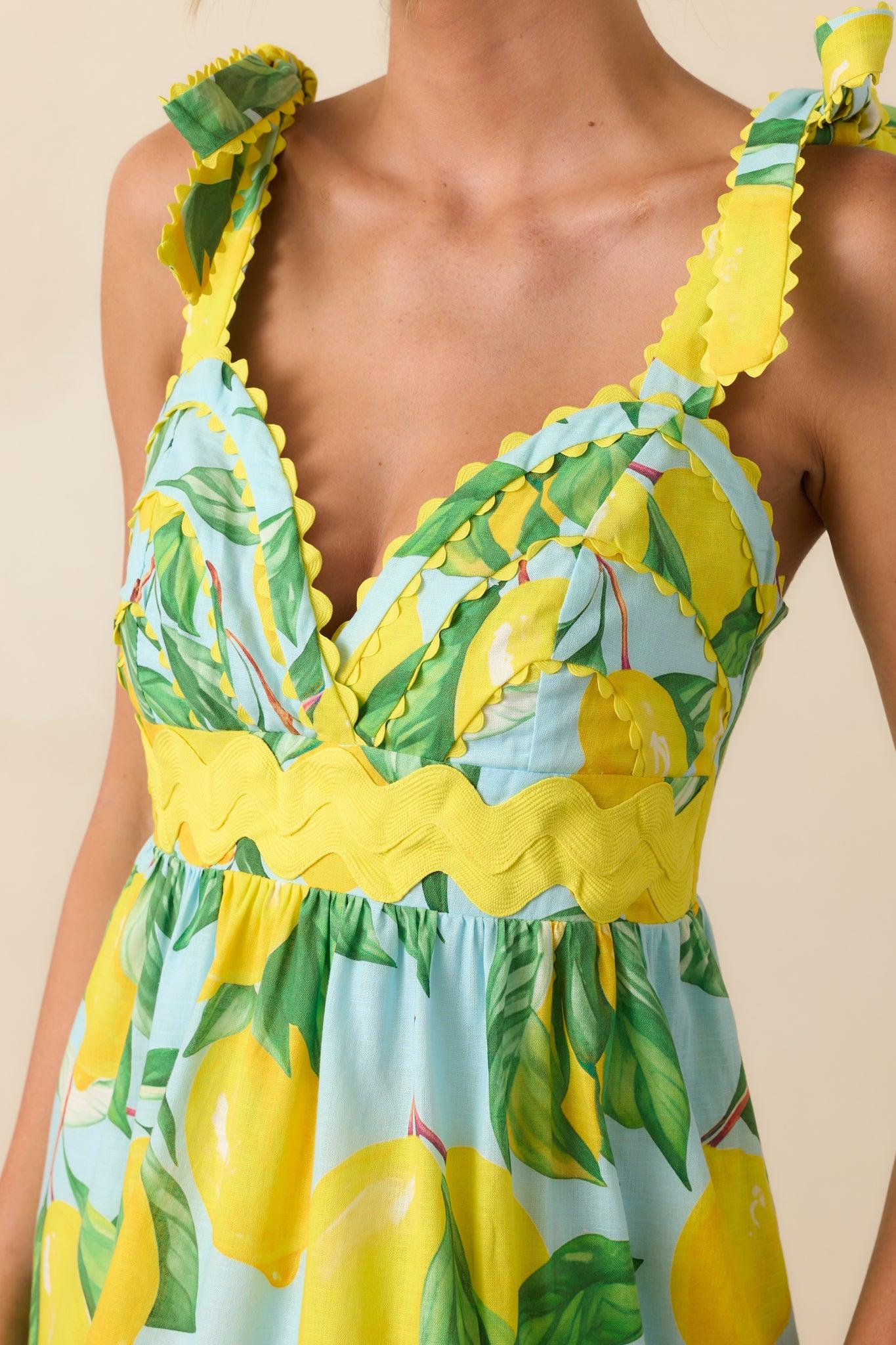 Prosperina Caterina Blue Lemon Print Cotton Midi Dress Product Image