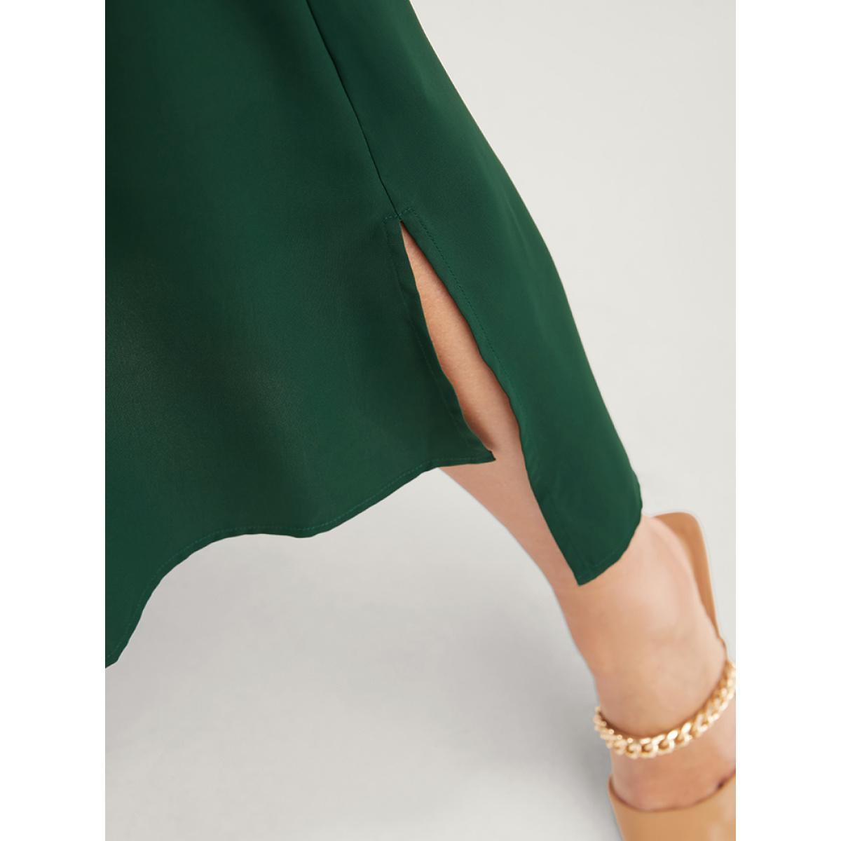 Plus Size Solid V Neck Pocket Button Asymmetrical Flutter Hem Belted Dress DarkGreen Women Office Plain V-neck Long Sleeve Curvy Long Dress BloomChic 22-24/3X Product Image