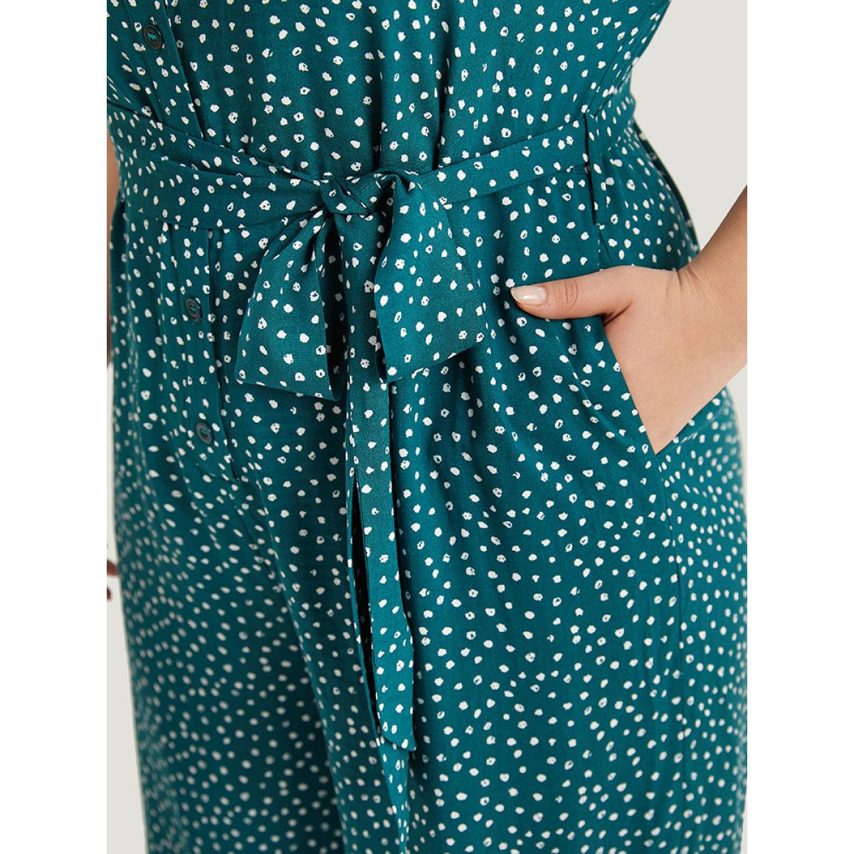 Plus Size Emerald Polka Dot Belted Puff Sleeve Shirt Collar Jumpsuit Women Office Short sleeve Shirt collar Work Loose Jumpsuits BloomChic 26/4X Product Image