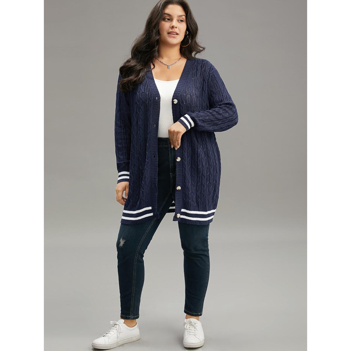 Plus Size Cable Knit Striped Patchwork Button Through Cardigan Indigo Women Casual Loose Long Sleeve Dailywear Cardigans BloomChic 30/6X Product Image