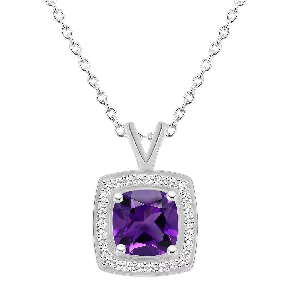 Celebration Gems Sterling Silver Cushion Gemstone & 1/8 Carat T.W. Diamond Halo Pendant Necklace, Women's, Size: 18", Purple Product Image