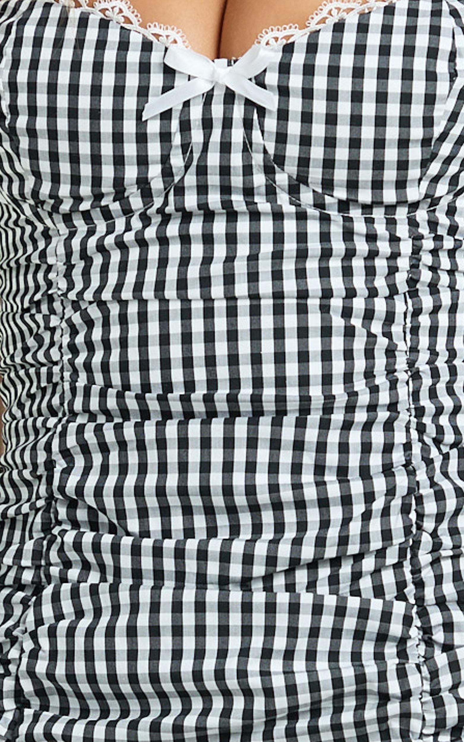 Becker Mini Dress - Strappy Bustier Ruched Bodycon Dress in Black Gingham Product Image