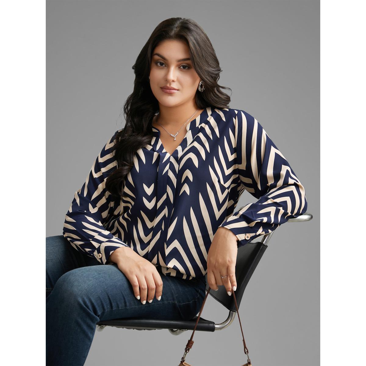 Plus Size Indigo Geometric Notched Pleated Slit Hem Blouse Women At the Office Extra Long Sleeve Notched collar Work Blouses BloomChic 30/6X Product Image