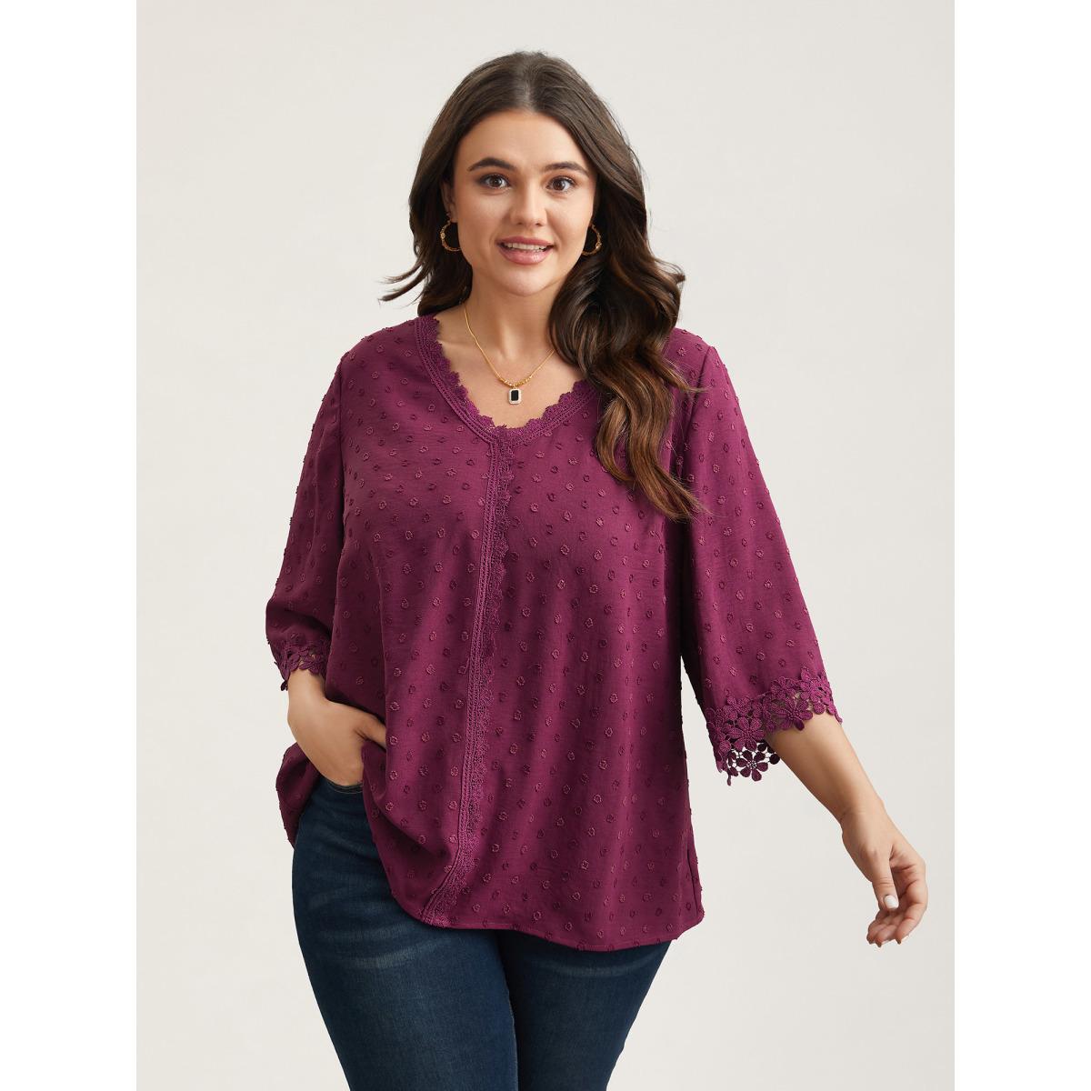 Plus Size Deeppurplered Textured Color-Block Lace Detail Shirt Women Elegant Elbow-length sleeve V-neck Everyday Blouses BloomChic 28/5X Product Image