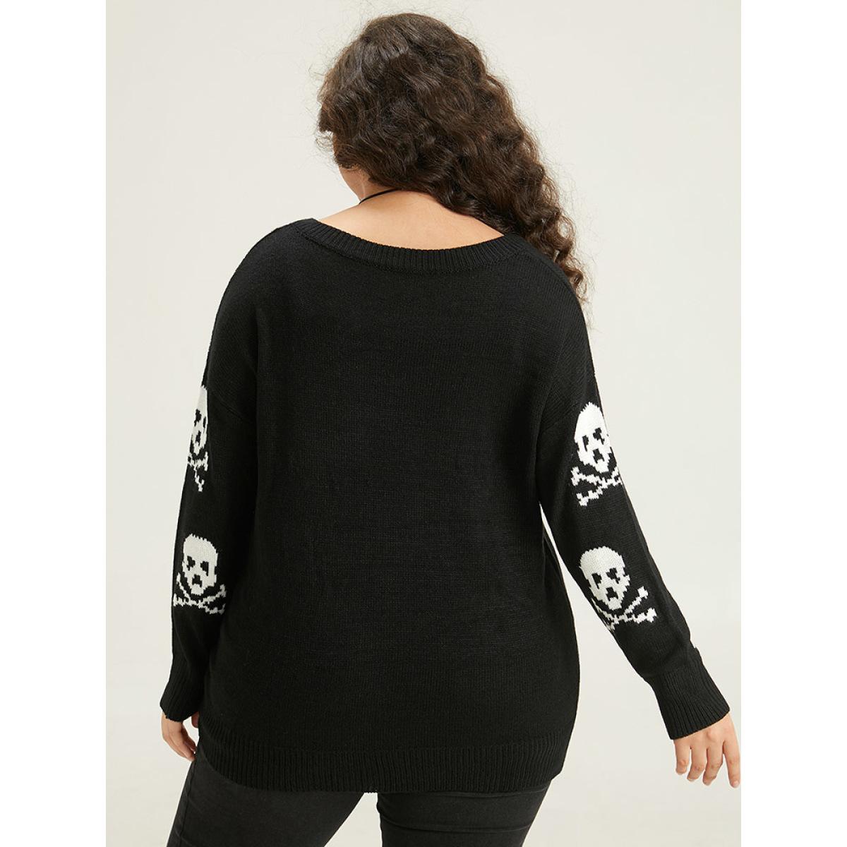 Plus Size Halloween Elastic Cuffs Skull Print Pullover Black Women Casual Loose Long Sleeve V-neck Dailywear Pullovers BloomChic 26/4X Product Image