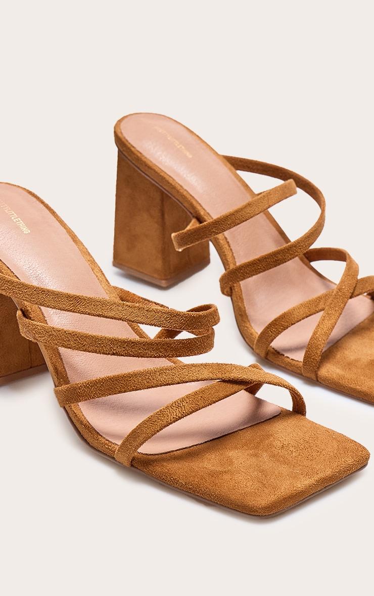 Tan Faux Suede Square Toe Strappy Block Heel Mules Product Image