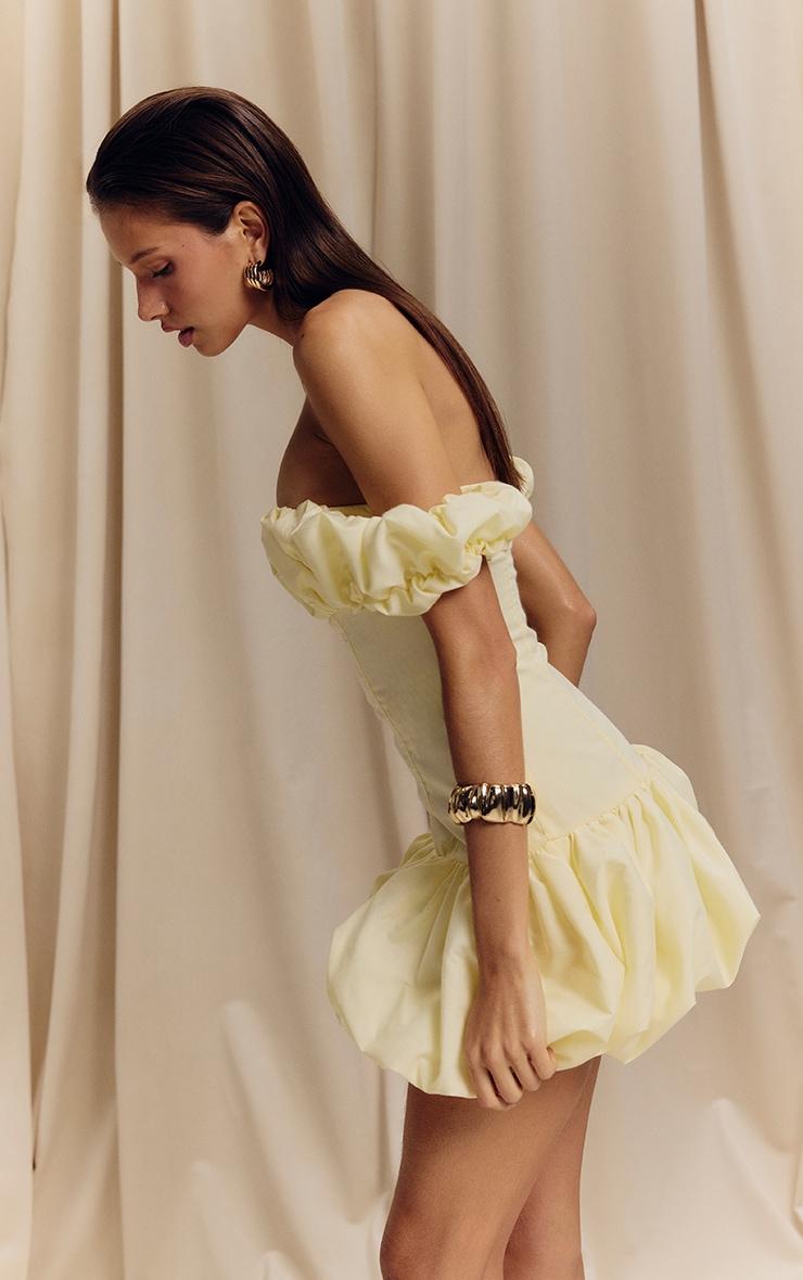 Lemon Ruched Bardot Puff Hem Bodycon Dress Product Image