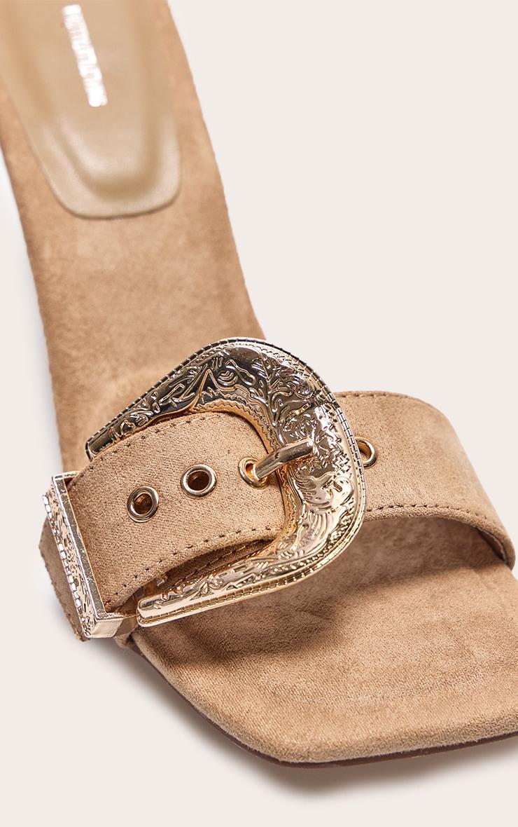 Camel Faux Suede Square Toe Western Buckle High Stiletto Heeled Mules Product Image