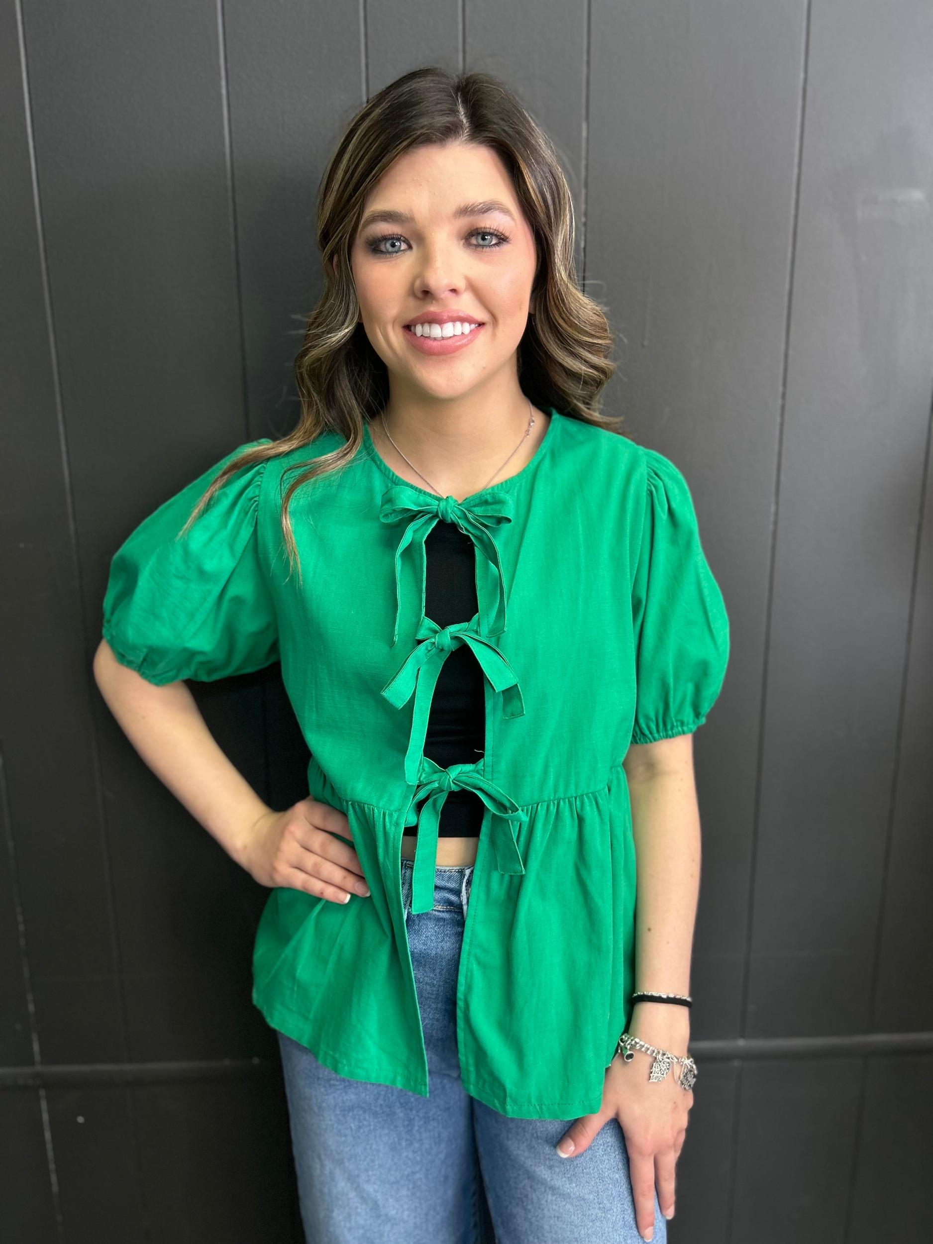 Short Sleeve Woven Front Bow Tie Top - 5 Colors* Product Image