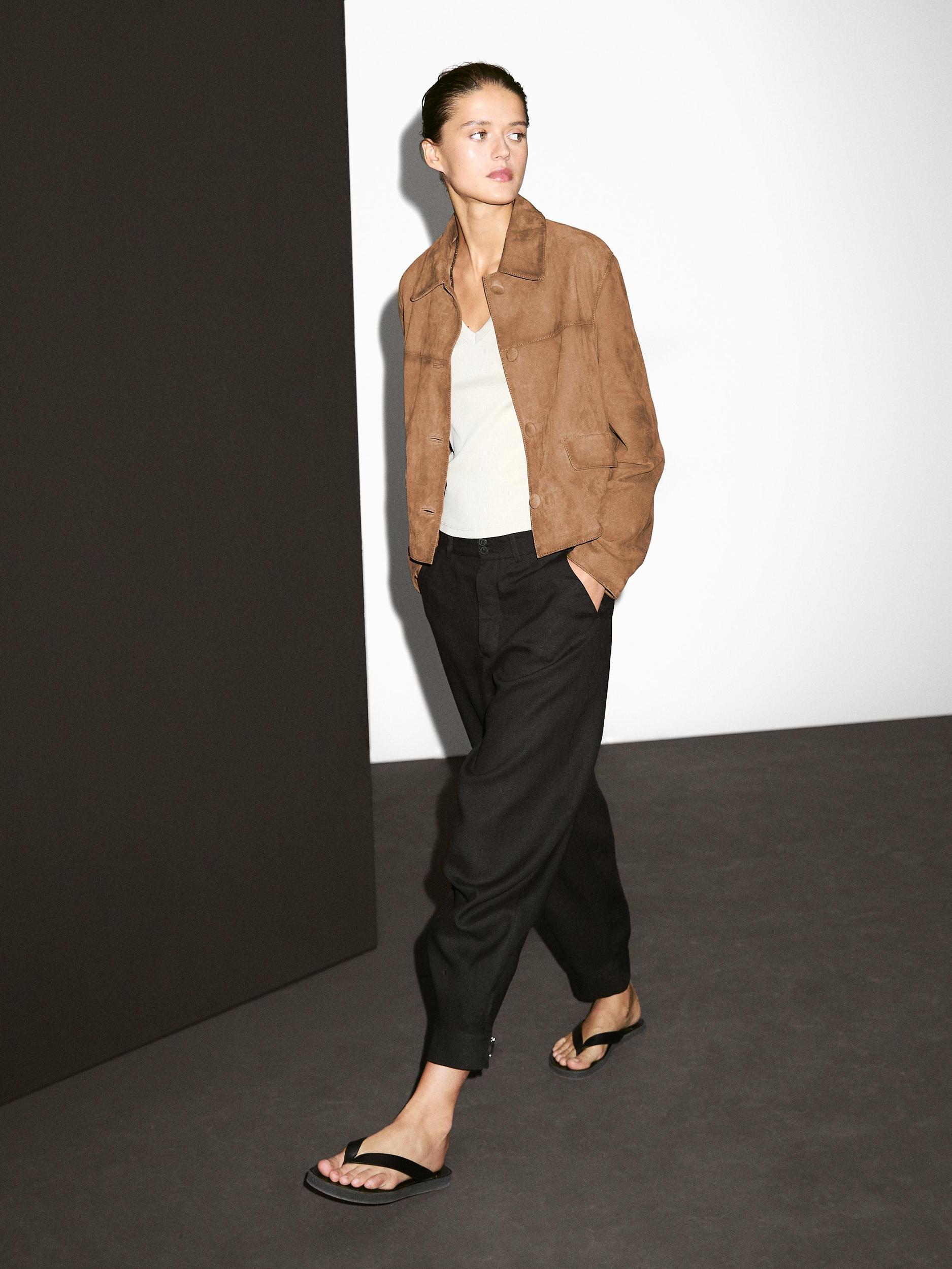 Suede leather jacket with lined buttons Product Image