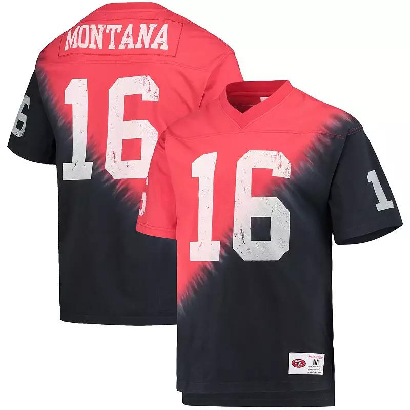Men's Mitchell & Ness Joe Montana Black/Red San Francisco 49ers Retired Player Name & Number Diagonal Tie-Dye V-Neck T-Shirt, Size: XL Product Image