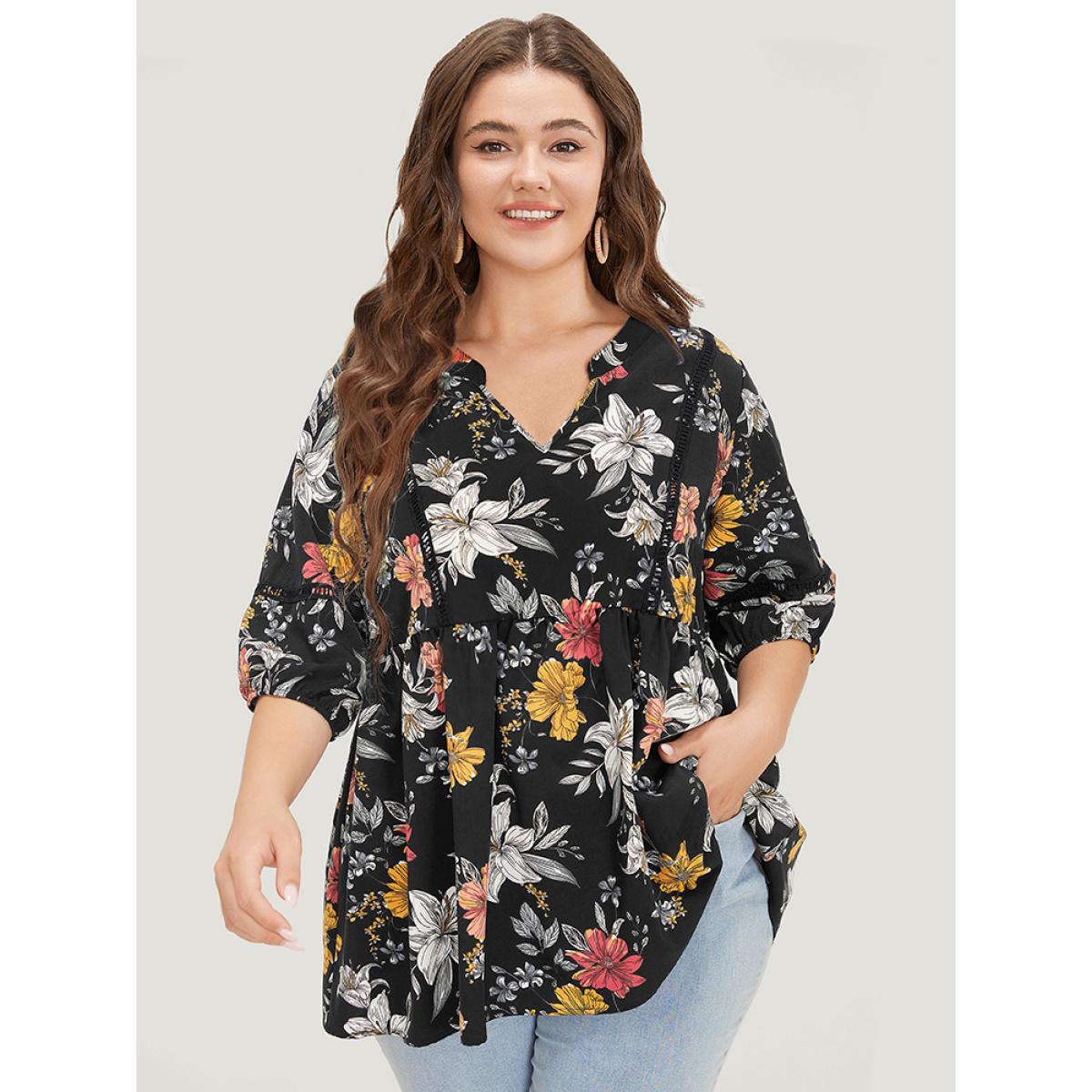 Plus Size Black Floral Lantern Sleeve Lace Gathered Notched Blouse Women Elegant Elbow-length sleeve Notched collar Dailywear Blouses BloomChic 12/L Product Image