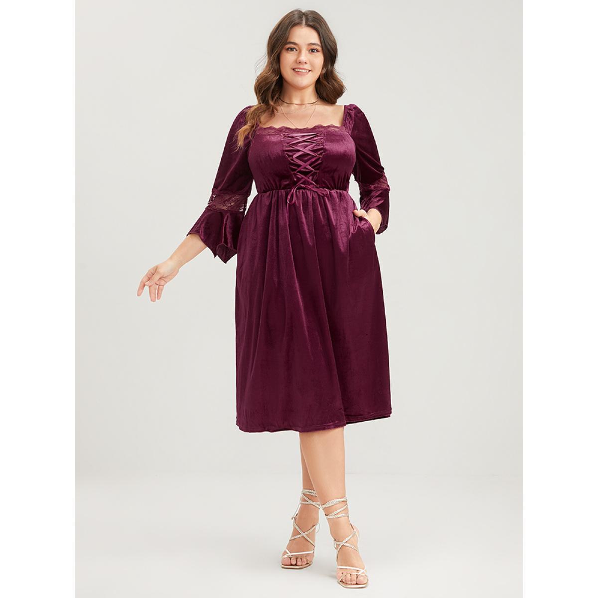 Plus Size Halloween Solid Velvet Bell Sleeve Pocket Contrast Lace Ties Midi Dress Burgundy Women Party Ribbon Square Neck Elbow-length sleeve Curvy Midi Dress BloomChic 22-24/3X Product Image