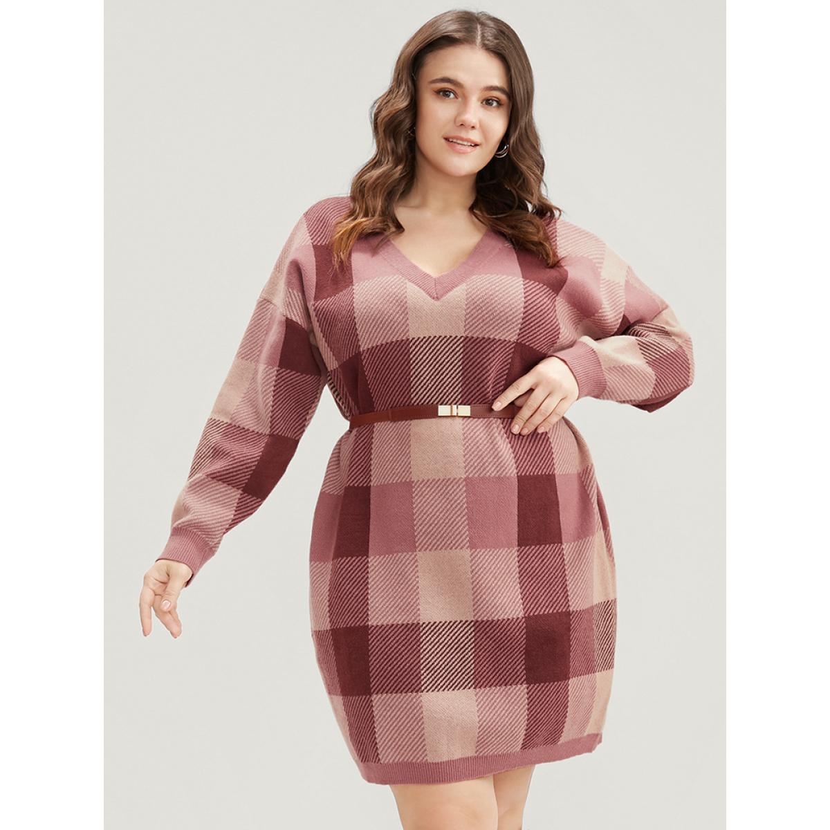 Plus Size Plaid Contrast Pointelle Knit V Neck Sweater Dress Burgundy Women Elegant Long Sleeve Dailywear Sweater Dresses BloomChic 26/4X Product Image