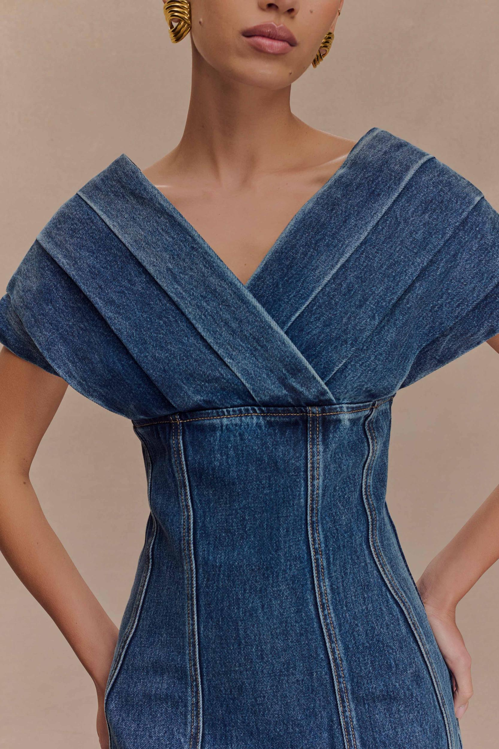 Pascale Off Shoulder Denim Mini Dress - Washed Dark Blue Product Image