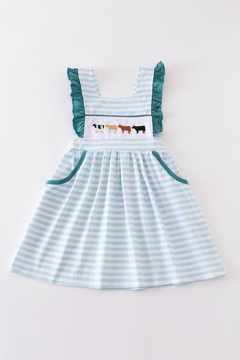 Blue stripe cow embroidery dress Product Image
