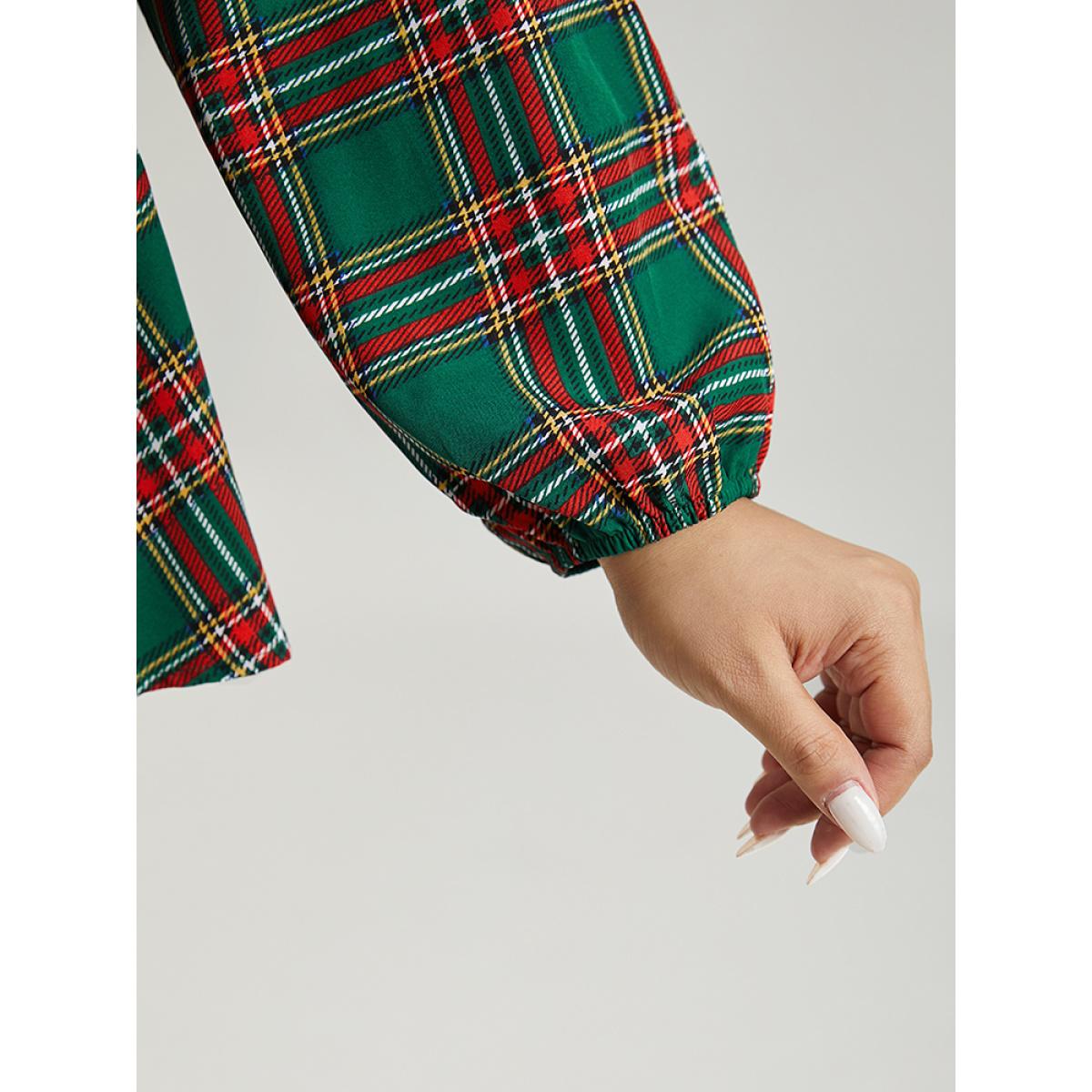 Plus Size Green Christmas Plaid Shirred Ruffle Hem Blouse Women Elegant Long Sleeve Round Neck Festival-Christmas Blouses BloomChic 12/L Product Image