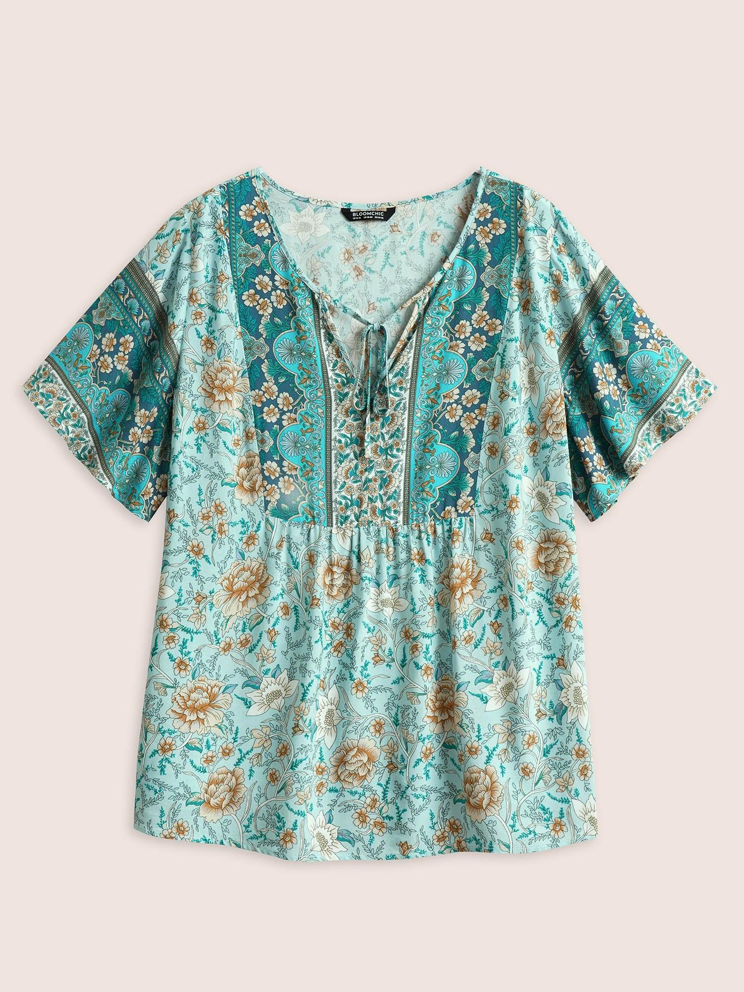 Boho Print Tie Neck Gathered Blouse Female Product Image