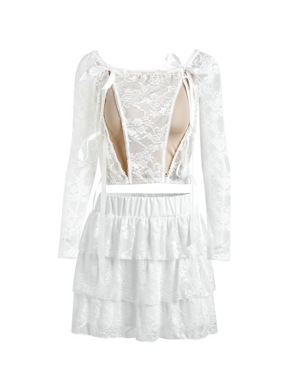 Lace Off Shoulder Tie Front Long Sleeve Tee & Tiered Skirt Set Product Image