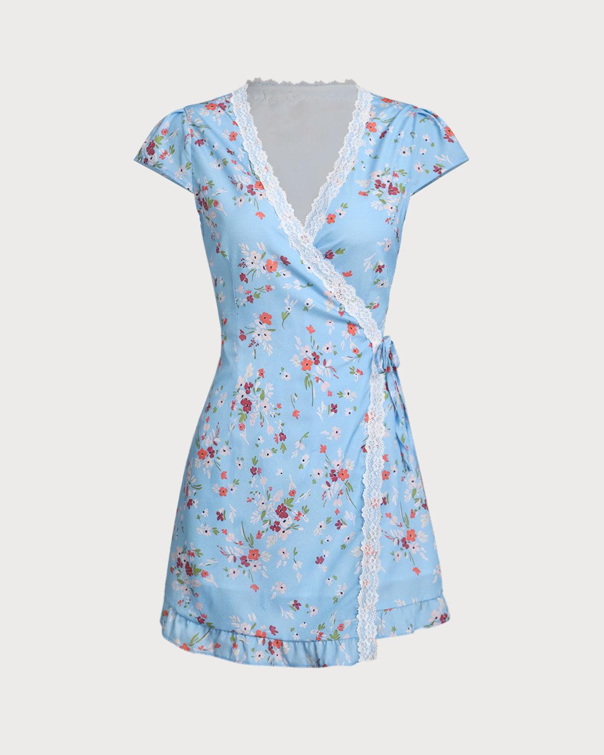 Blue Floral A-Line Wrap Mini Dress Product Image