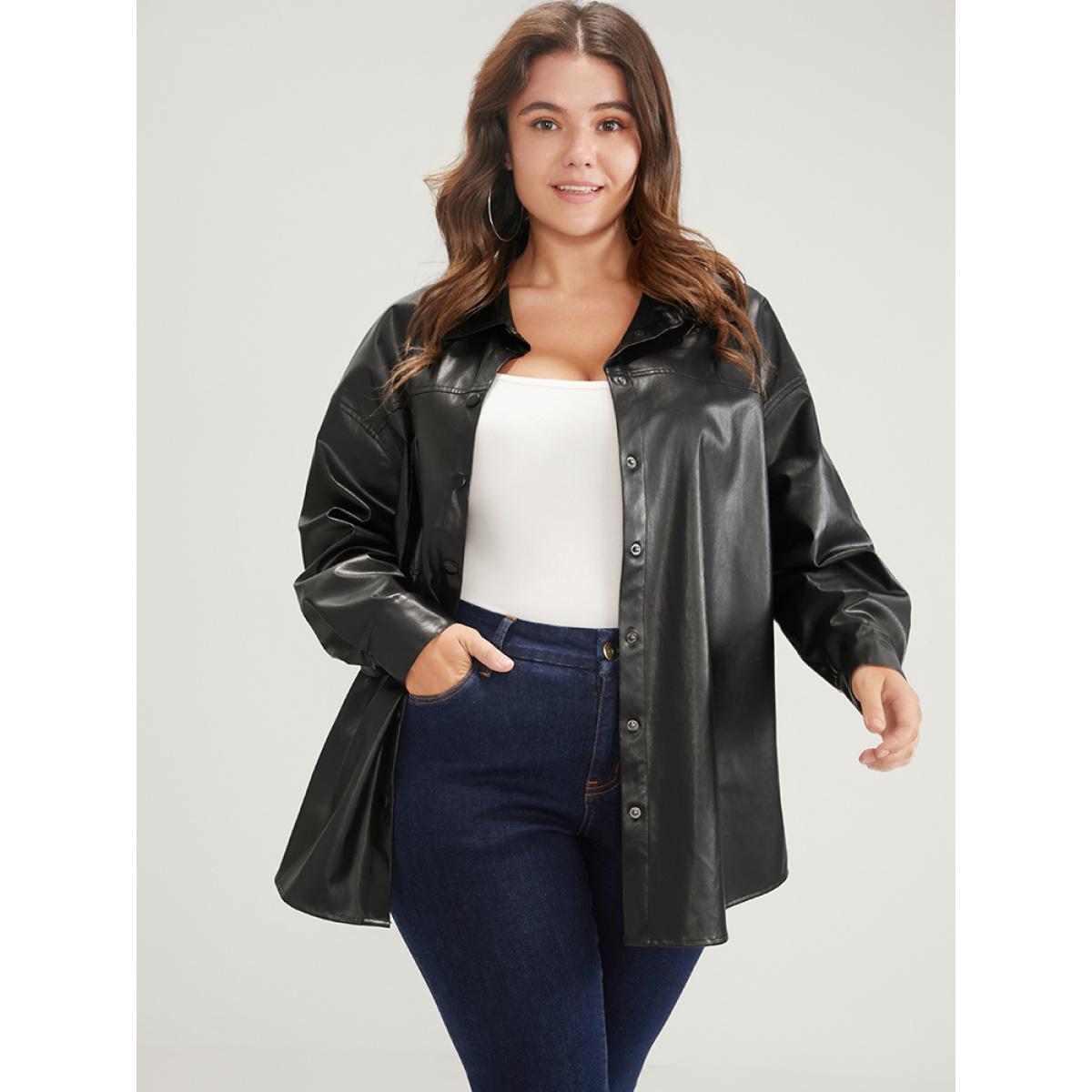 Plus Size PU Leather Pocket Button Up Coat Women Black Casual Button Ladies Dailywear Winter Coats BloomChic 18-20/2X Product Image