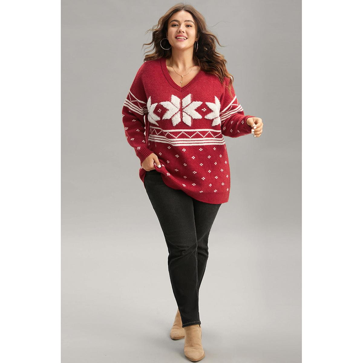 Plus Size Supersoft Essentials Towel Embroidered Snowflake Pullover Scarlet Women Casual Loose Long Sleeve V-neck Festival-Christmas Pullovers BloomChic 18-20/2X Product Image