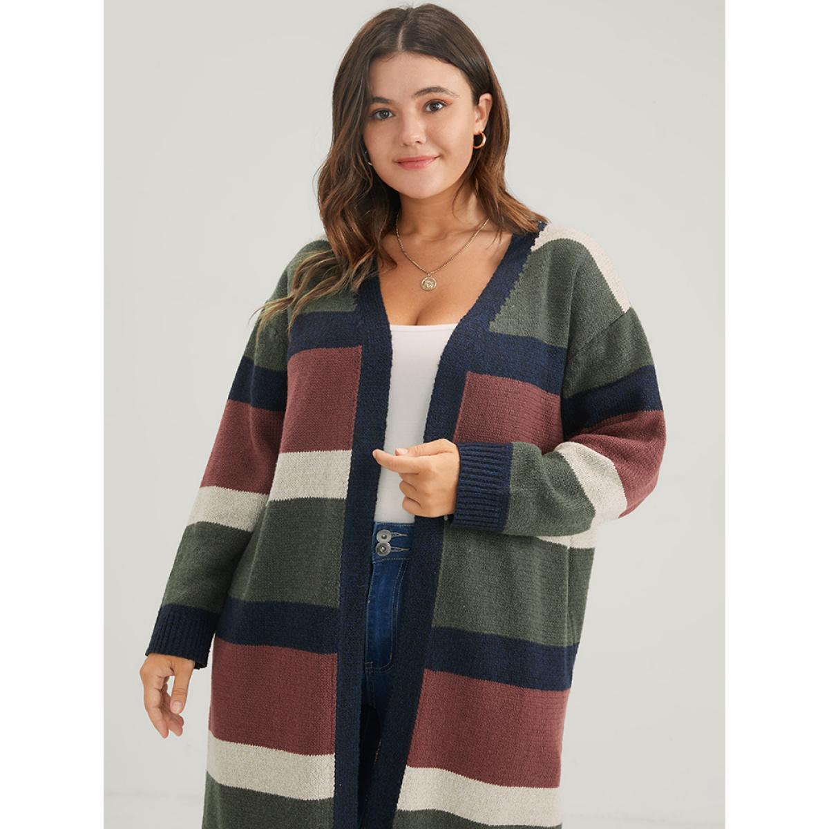 Plus Size Colorblock Contrast Pointelle Knit Heather Open Front Long Cardigan Multicolor Women Casual Loose Long Sleeve Dailywear Cardigans BloomChic 30/6X Product Image