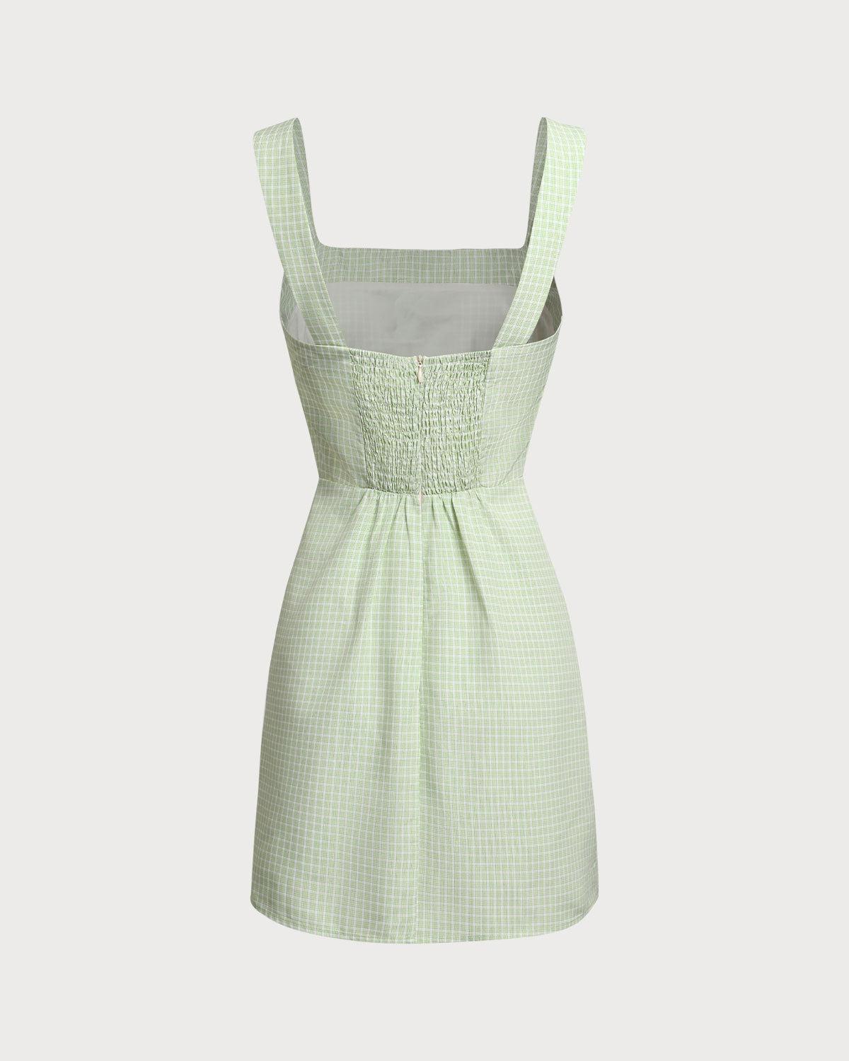 Green Plaid Square Neck Shirred Slip Mini Dress Product Image