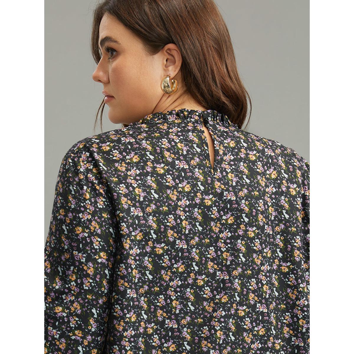 Plus Size Black Ditsy Floral Stand Collar Pleated Blouse Women Elegant Long Sleeve Stand-up collar Dailywear Blouses BloomChic 18-20/2X Product Image
