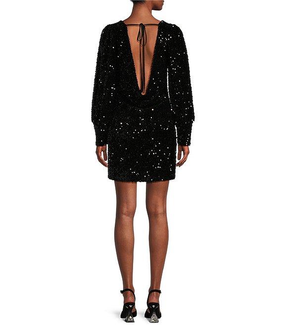 GB Sequin Long Sleeve Draped Back Dress Product Image