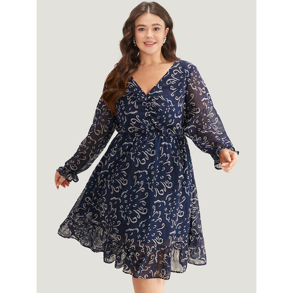 Plus Size Geometric Pocket Ruched Mesh Dress Cerulean Women Office Gathered V-neck Long Sleeve Curvy Midi Dress BloomChic 28/5X Product Image