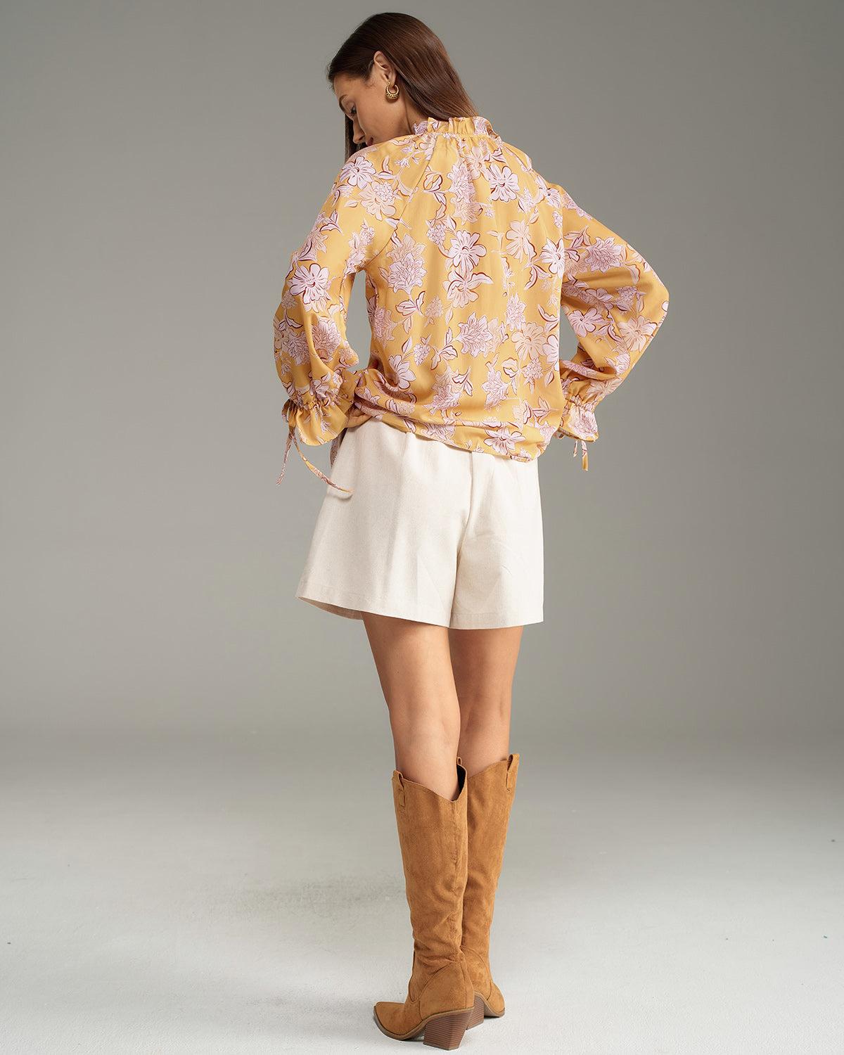 Yellow Floral Ruffle Bell Sleeve Shirt Product Image