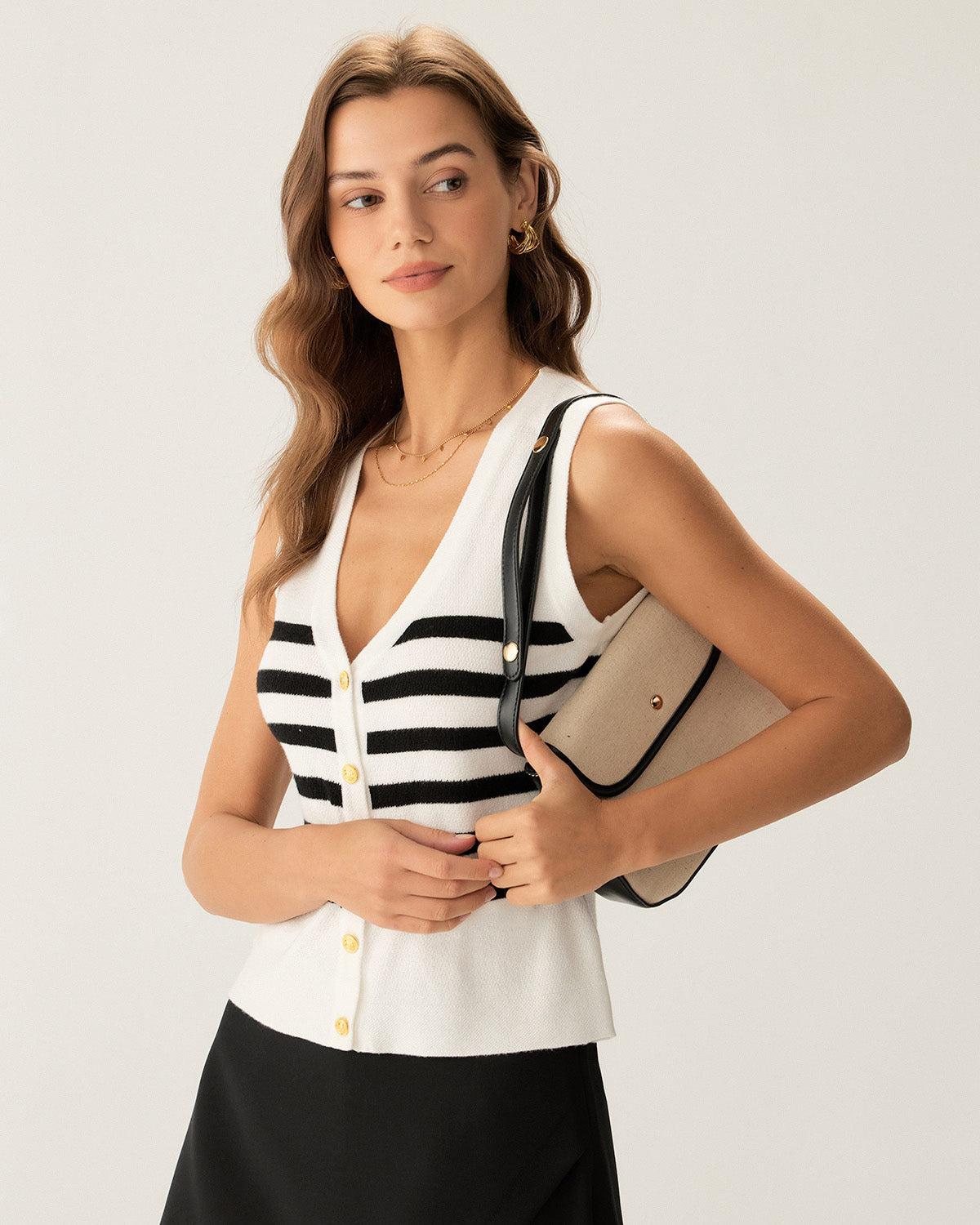 White Striped Button Knit Tank Top Product Image