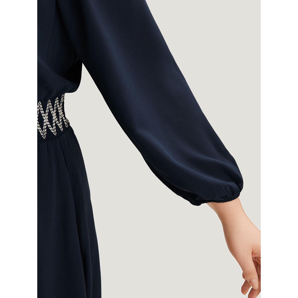 Plus Size Bandana Shirred Square Neck Lantern Sleeve Dress DarkBlue Women Vacation Elastic cuffs Square Neck Long Sleeve Curvy Midi Dress BloomChic 26/4X Product Image