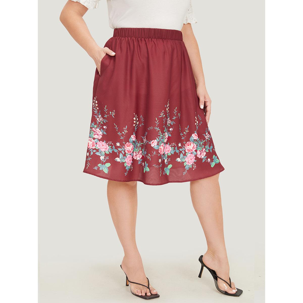 Plus Size Floral Print Pocket Flutter Hem Skirt Women Burgundy Elegant Printed No stretch Pocket Dailywear Skirts BloomChic 28/5X Product Image