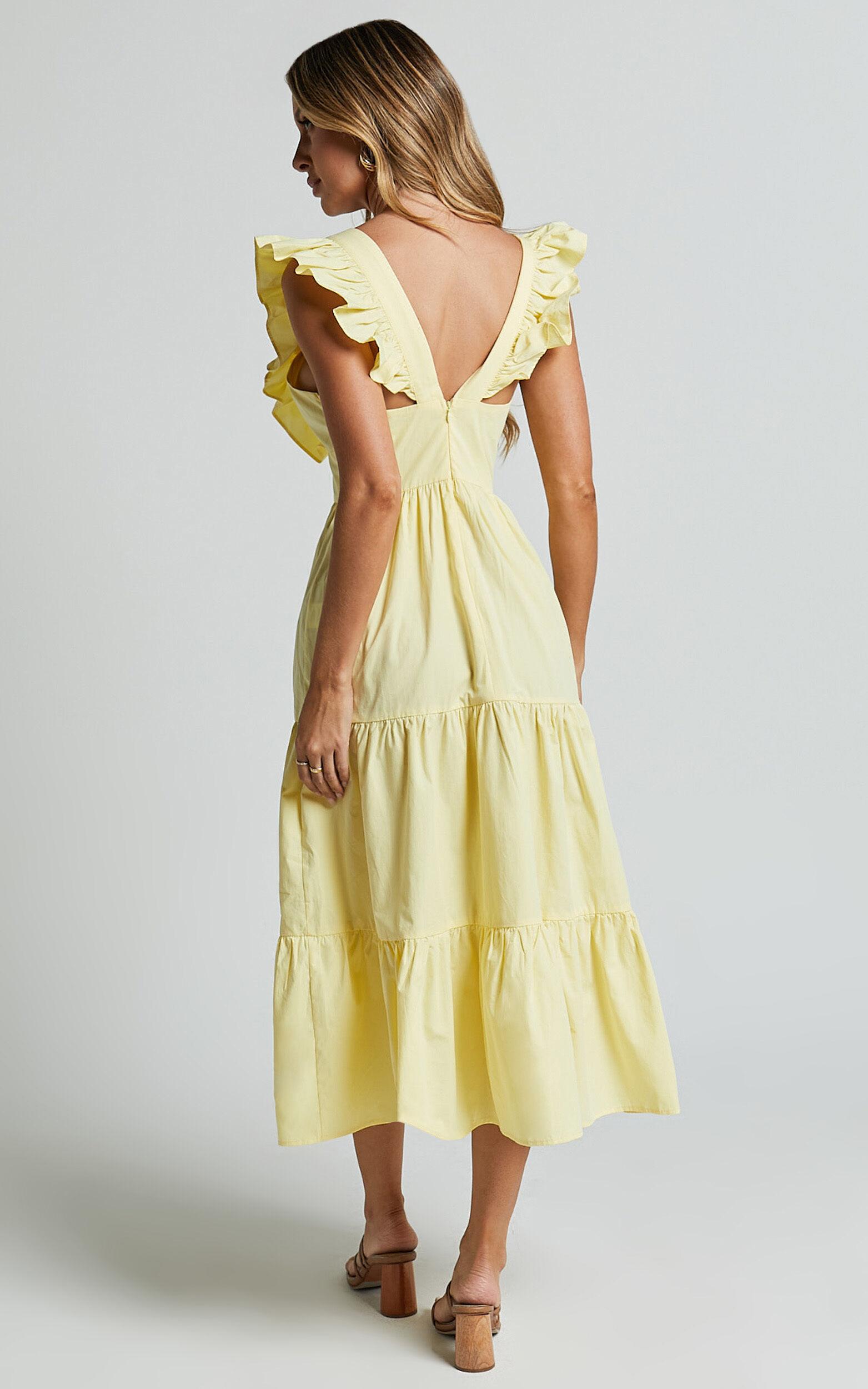 Levona Midi Dress - Ruffle Shoulder Tiered Dress in Lemon Product Image
