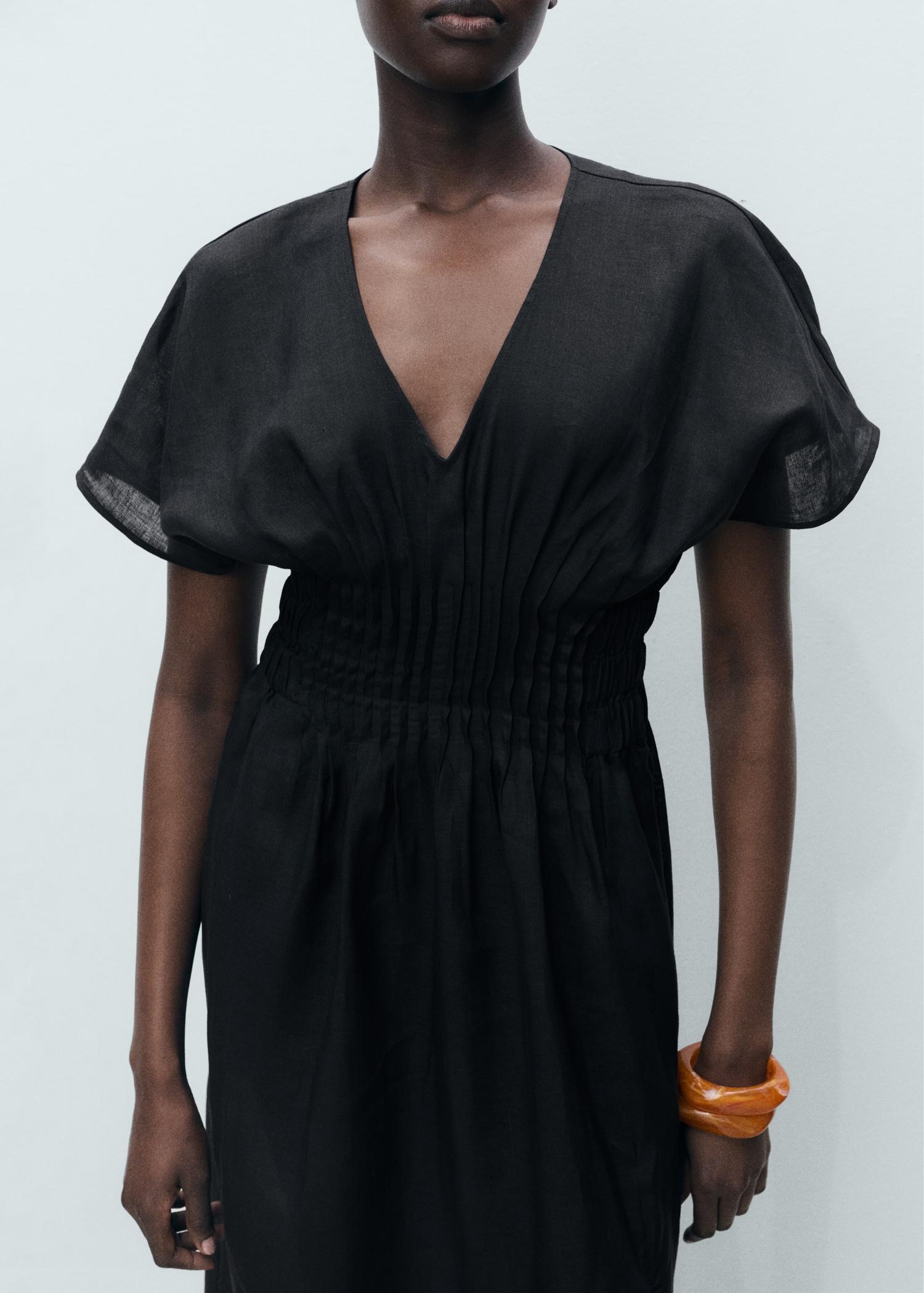 Long linen dress with gathered panel - Women | MANGO USA Product Image