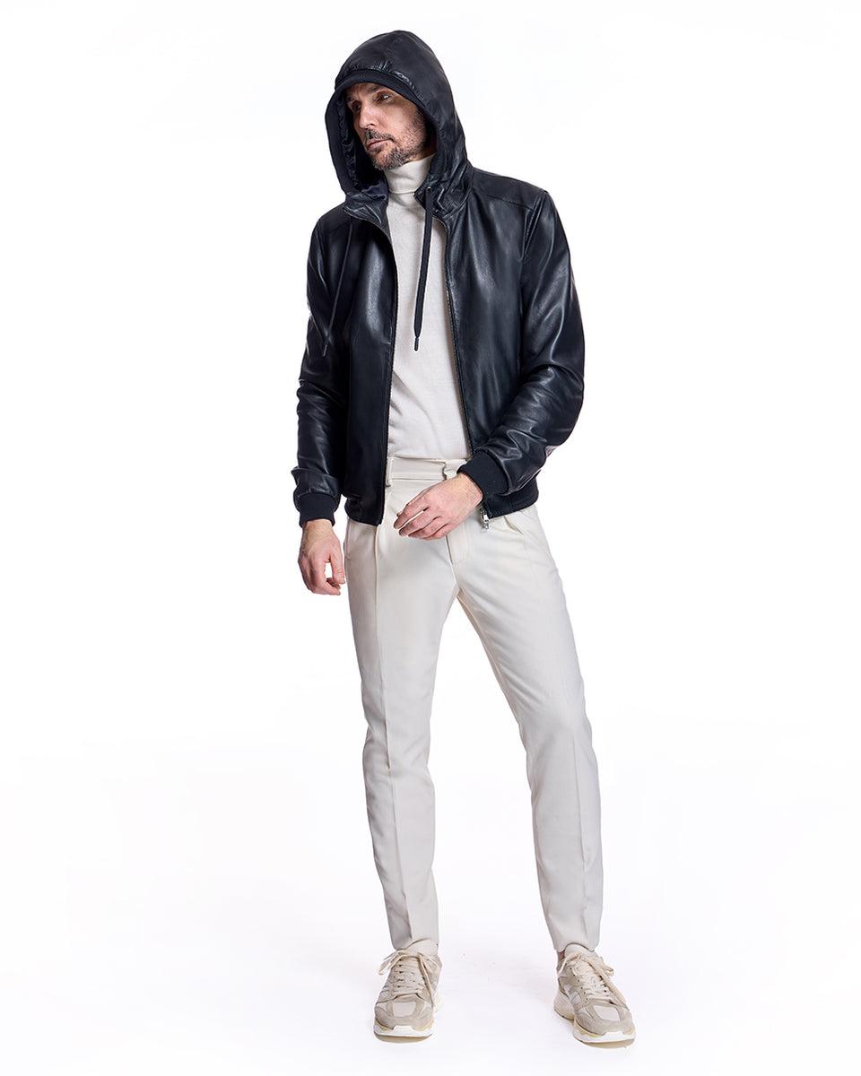 Men's Slim Fit Leather Hooded Jacket Product Image