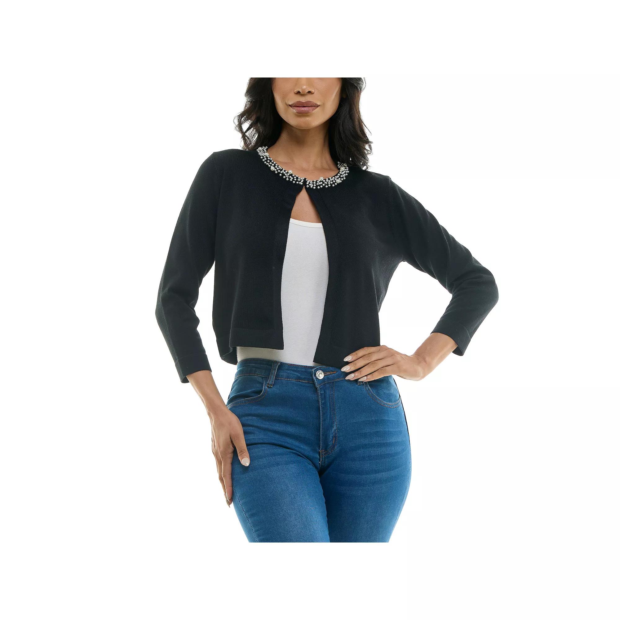 Women's Nina Leonard Three-Quarter Sleeve Floral Embroidered Bolero, Size: Small, Black Product Image