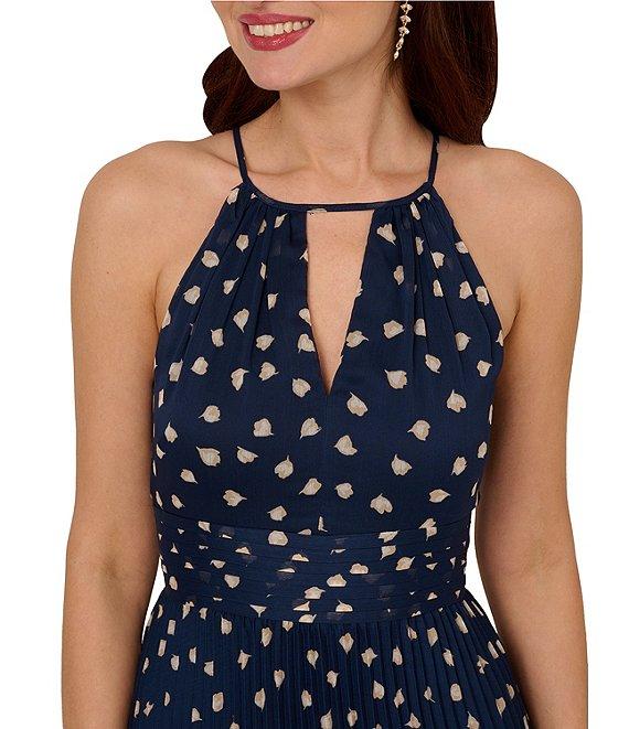 Adrianna Papell Chiffon Dotted Print Keyhole Halter Neck Sleeveless A-Line Maxi Dress Product Image