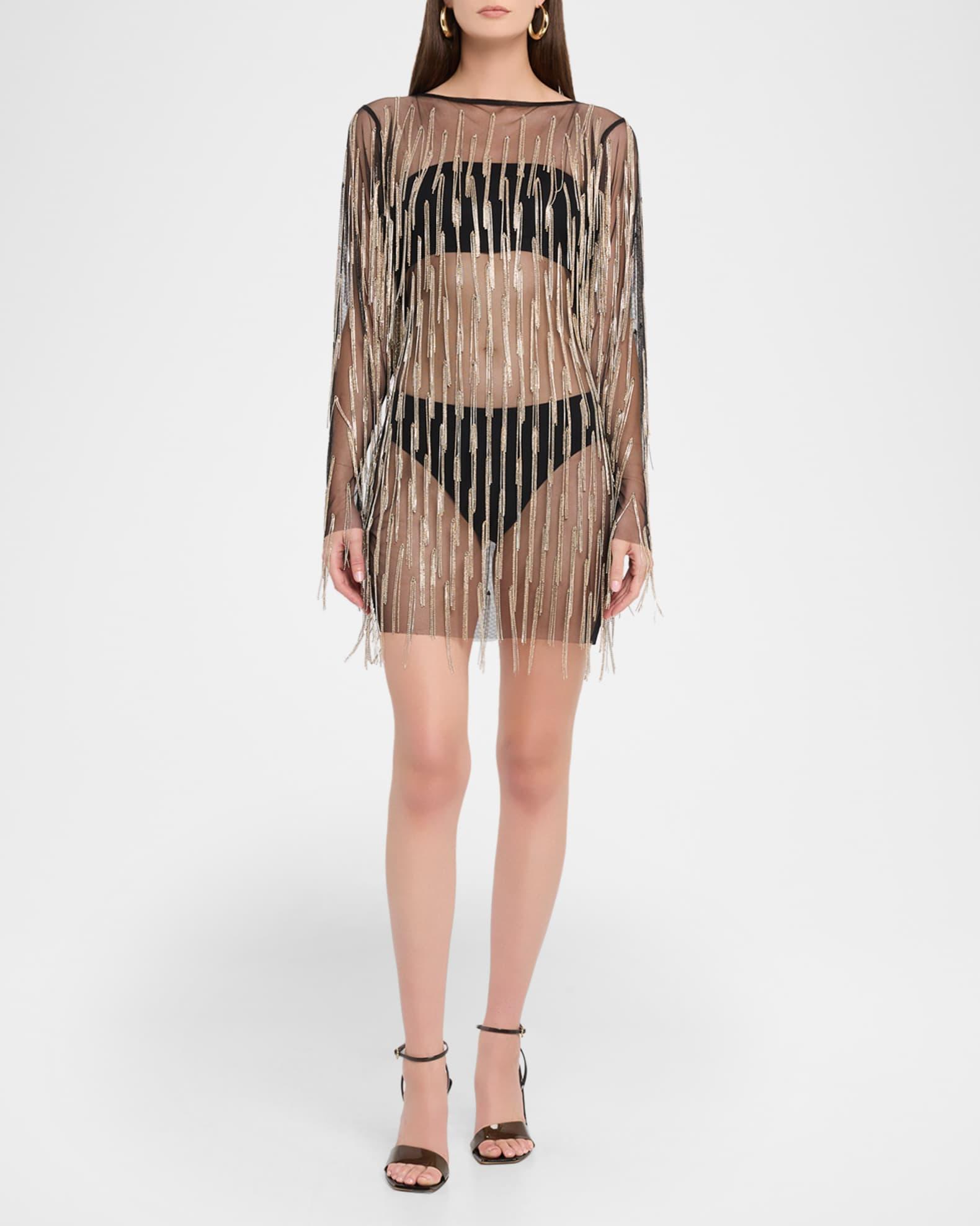 Crystal Fringe Mesh Long-Sleeve Mini Dress Product Image