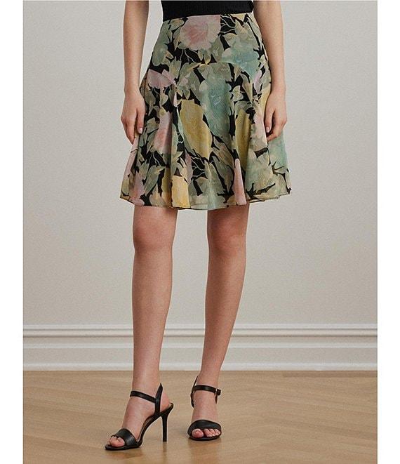 Lauren Ralph Lauren Lightweight Crinkle Georgette Embroidered Floral A-Line Skirt Product Image