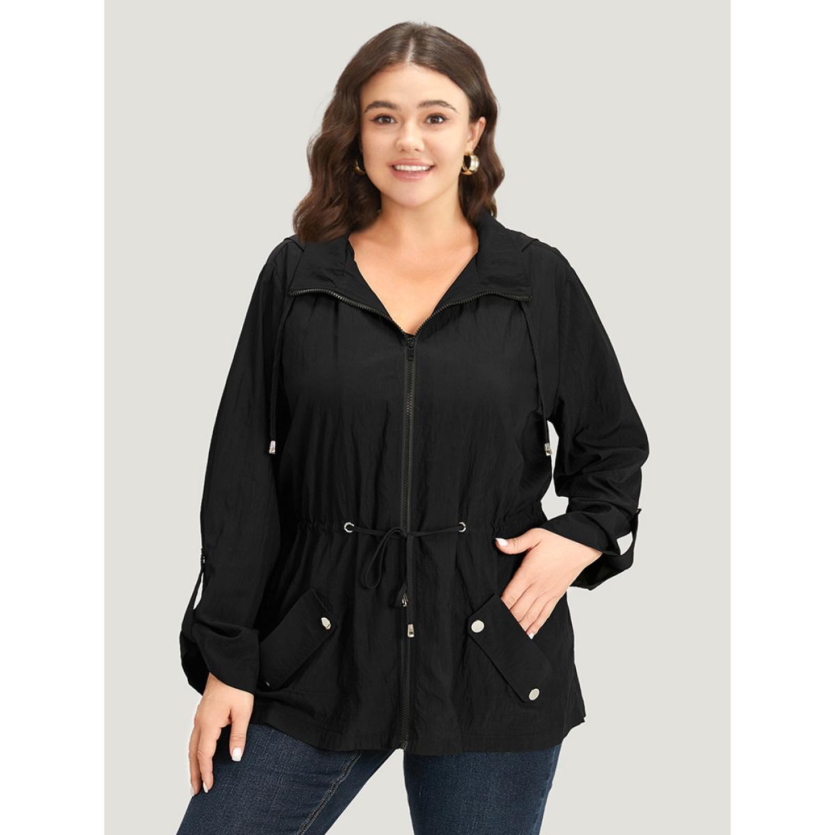 Plus Size Plain Hooded Zipper Drawstring Tab Sleeve Coat Women Black Plain Pocket Everyday Jackets BloomChic 18-20/2X Product Image